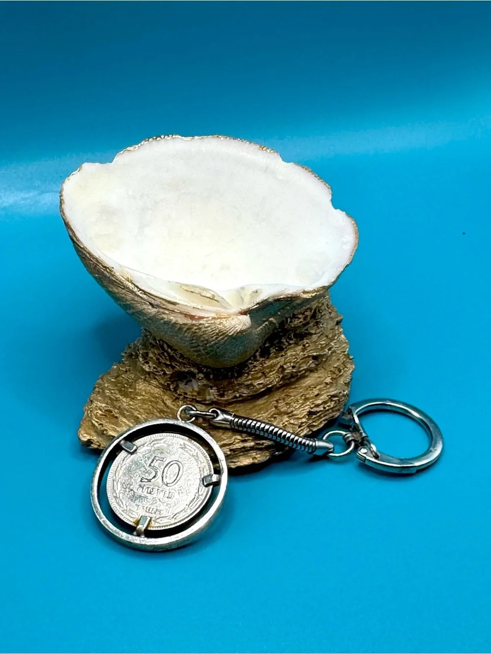 Vintage Israel 50 Pruta Coin Keychain - 1954 Olive Branch Spinner Keychain
